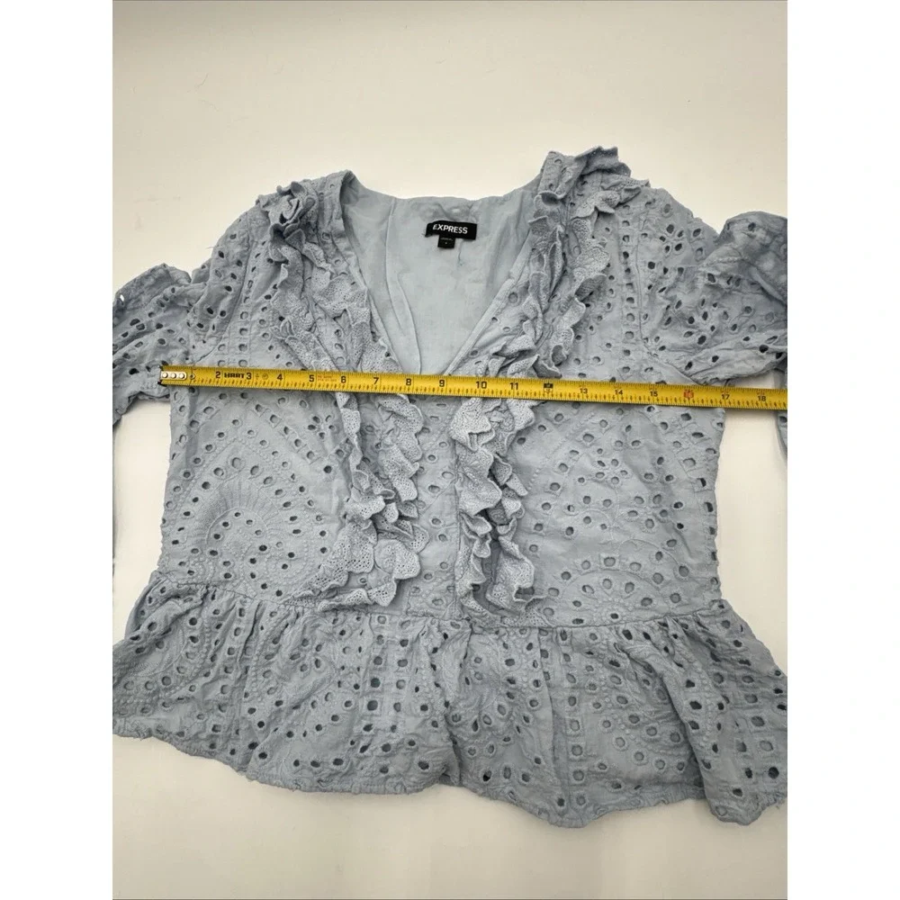 Express Women's Small Light Blue Eyelet Ruffles Peplum V-Neck Long Sleeve Top